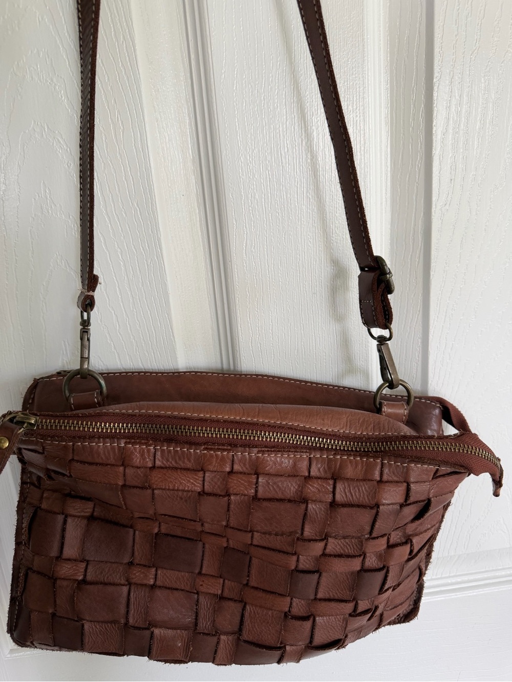 Woven Leather Crossbody Bag in Dark Brown